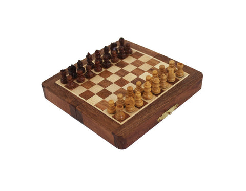 Mini Magnetic Wooden Travel Chess Set, Folding Board 13.5cm, Handmade Italy