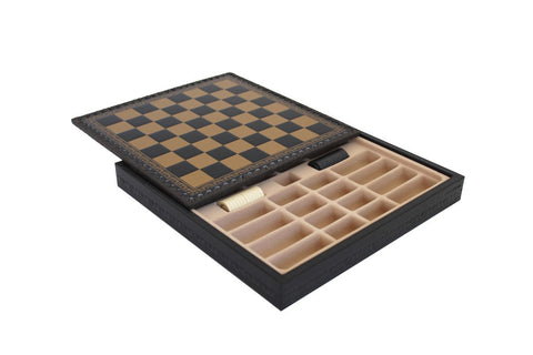 Gold Black Faux Leather Chess Board with Storage, 28cm, Handmade in Italy