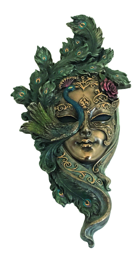 Venetian Peacock Mask - Bronze Resin Wall Decor, Handmade in Italy, 17x34cm