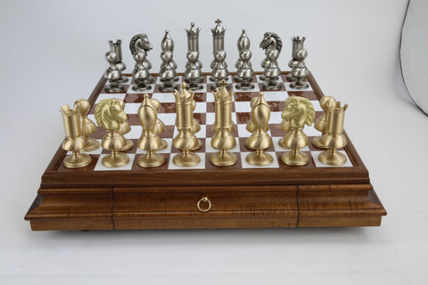 Italian Handmade Wood & Marble Chess Board with Storage Drawer, 60x60 cm