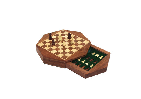 Mini Magnetic Wooden Travel Chess Set, Handmade Round 16cm Board with Drawer