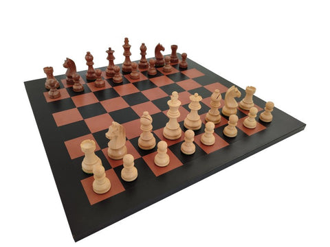 Handmade Acacia Wood Chess Set, Genuine Leather 44cm Board, Made in Italy