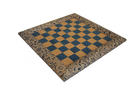 Handmade Blue Floral Wood & Faux Leather Chessboard, 39cm, Made in Italy
