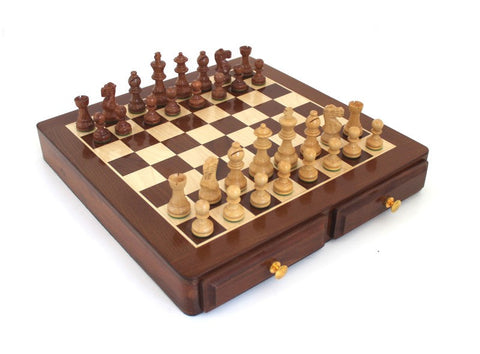 Handmade Wooden Chess Set, Weighted, Maple & Mahogany Board with Drawers, Italy
