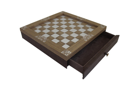 Italian Handmade Chess Board with Drawer, Wood Aluminum Vegan Leather, 35cm