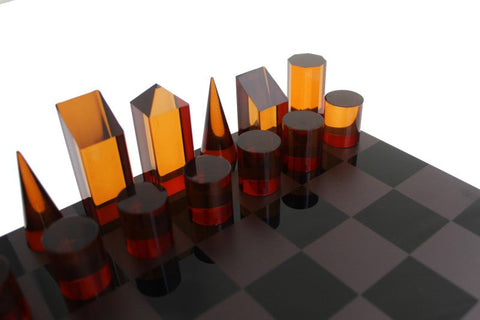 Made in Italy Acrylic Chess Set, Geometric Pieces, Black/Orange