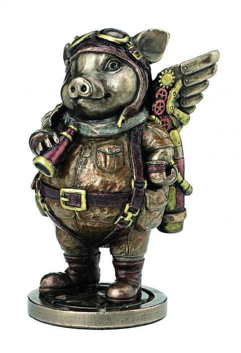 Steampunk Pig Aviator Statue – Bronze Resin Figurine, 14cm, Made in Italy