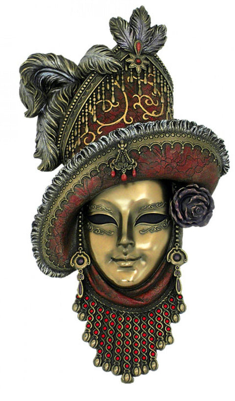 Venetian Mask Wall Decor, Red Hat, Bronze Resin, Handmade in Italy 18x32cm