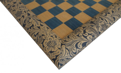 Handmade Blue Floral Wood & Faux Leather Chessboard, 39cm, Made in Italy