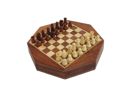 Mini Magnetic Wooden Travel Chess Set, Handmade Round 16cm Board with Drawer