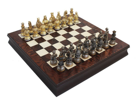 Medieval Pewter Chess Set, Walnut Board with Storage, Gold & Silver Plated, Italy