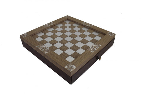 Italian Handmade Chess Board with Drawer, Wood Aluminum Vegan Leather, 35cm