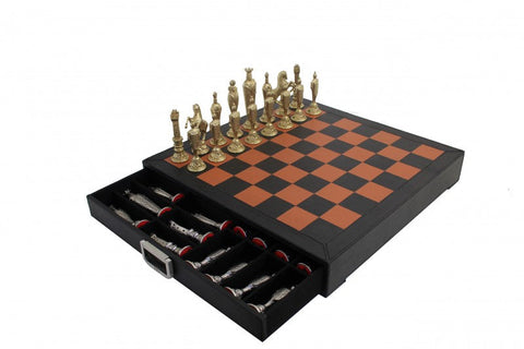 Renaissance Metal Chess Set, Gold & Silver Pieces, Leather Board, Drawer