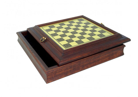 Italian Handmade Wooden Chess Board, Brass Effect, Storage, 38 cm