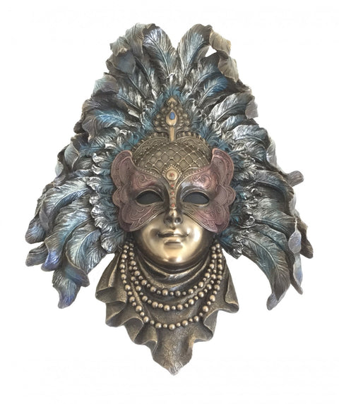 Venetian Feather Mask Wall Decor, Bronze Resin, Handmade in Italy, 24x33cm
