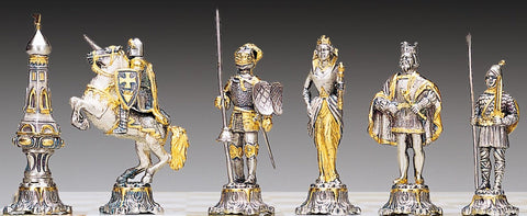 24K Gold Bronze Medieval Chess Set with Onyx Table & Chairs, Handmade in Italy