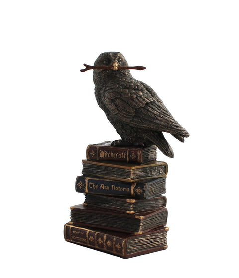 Bronze Owl on Books with Wizard Wand Statue, 14cm Resin, Italian