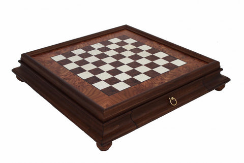 Large Handmade Elm Wood Chess Board with Storage Drawer, 61cm, Made in Italy