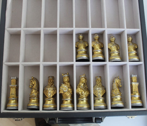 Medieval Pewter Chess Set, Walnut Board with Storage, Gold & Silver Plated, Italy