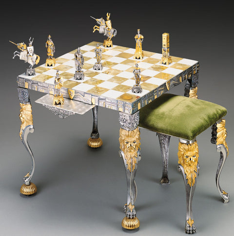 Medieval 24K Gold-Plated Bronze Chess Set with Onyx Table, Handmade Italy Custom