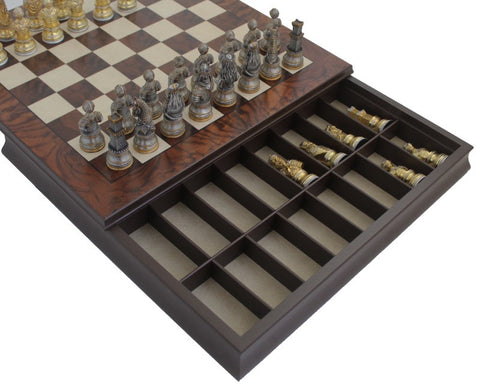 Medieval Pewter Chess Set, Walnut Board with Storage, Gold & Silver Plated, Italy