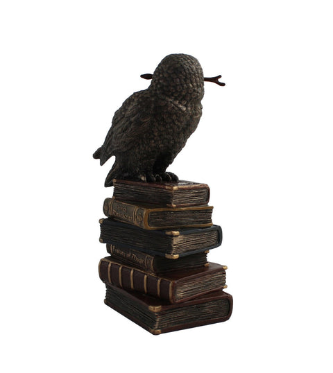 Bronze Owl on Books with Wizard Wand Statue, 14cm Resin, Italian