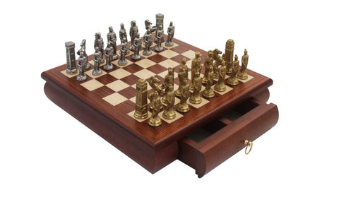 Romans vs Barbarians Metal Chess Set, Mahogany Board with Drawer, Handmade