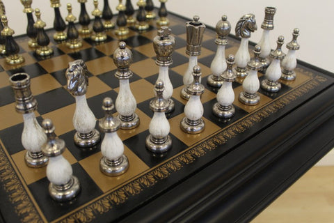 Arabic Style Chess Set with Storage Table, Metal & Wood, Gold/Silver Italy
