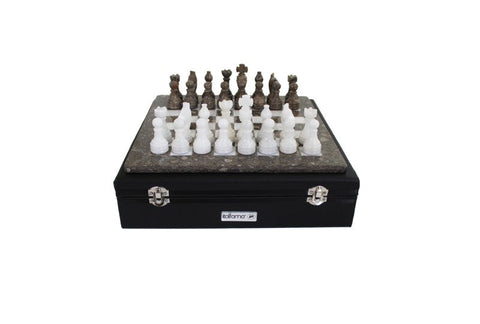 Luxury Handmade Gray & White Marble Chess Set with Leather Case, 30cm, Italian