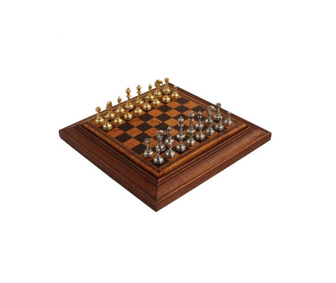 Gold & Silver Plated Metal Chess Set, Leather Board with Drawer, Made in Italy