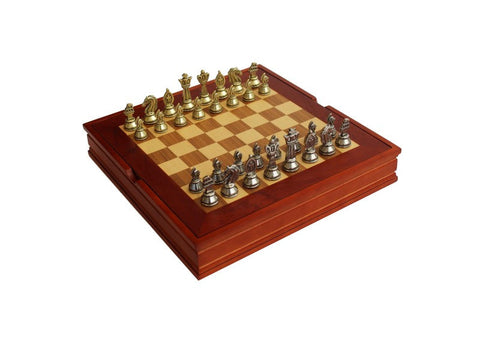 Roman Chess Set Wooden Board & Gold Silver Metal Pieces, Handmade Italy