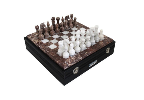 Pink & White Marble Chess Set with Leather Case, Handmade in Italy, 30cm Board