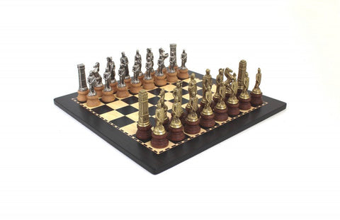 Romans vs Barbarians Chess Set, Metal & Wood Pieces, 40cm Wooden Board Handmade
