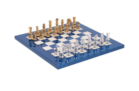 Handmade Brass Chess Set Gold & Silver, Lacquered Wood Board, Italian Blue/White
