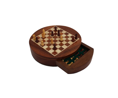 Magnetic Wooden Travel Chess Set, Round Handmade Board 16cm with Drawer, Italian