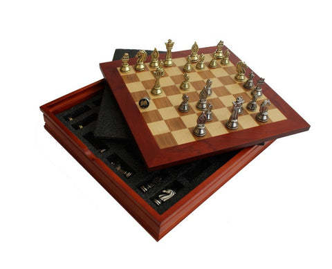 Roman Chess Set Wooden Board & Gold Silver Metal Pieces, Handmade Italy