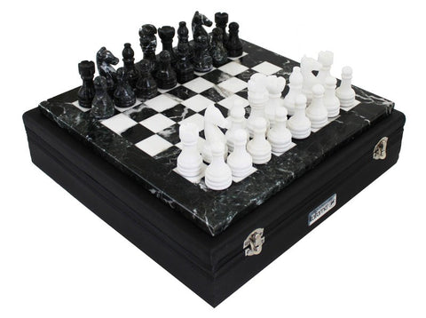 Handmade Black & White Marble Chess Set with Leather Case, 40 cm Board, Italian