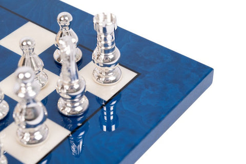 Handmade Brass Chess Set Gold & Silver, Lacquered Wood Board, Italian Blue/White