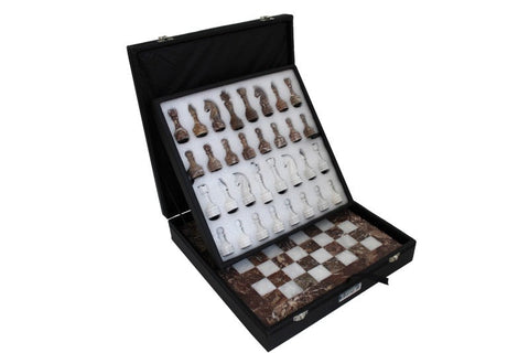Pink & White Marble Chess Set with Leather Case, Handmade in Italy, 30cm Board