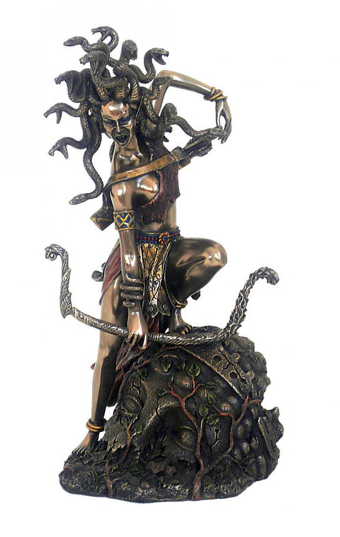 Medusa Battle Statue 27cm Bronze Resin Figurine, Mythical Decor, Italy