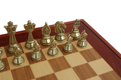 Roman Chess Set Wooden Board & Gold Silver Metal Pieces, Handmade Italy