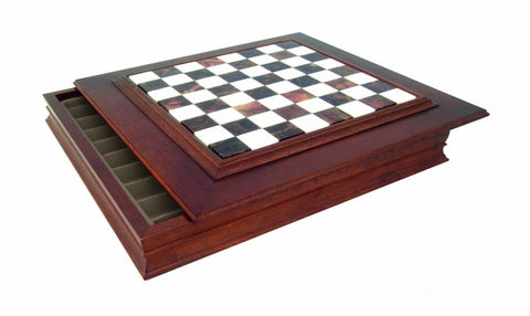 Handmade Wood & Marble Chess Board with Storage Drawer, 48x48 cm, Made in Italy