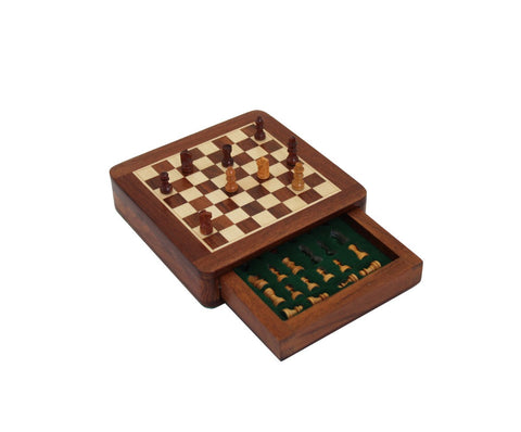 Mini Magnetic Solid Wood Chess Set with Drawer Board Travel Made in Italy 13.5cm