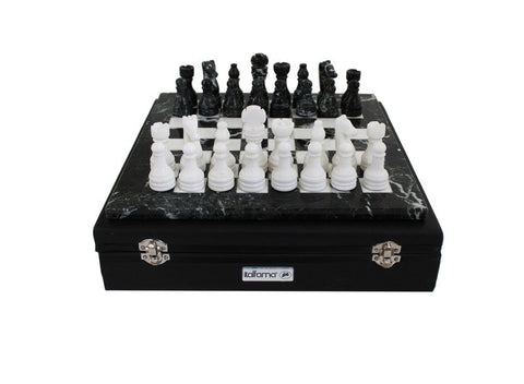 Handmade Black & White Marble Chess Set with Leather Case, 40 cm Board, Italian