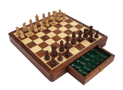 Italian Mahogany Chess Set, Wooden Board with Drawer, Handmade, Weighted