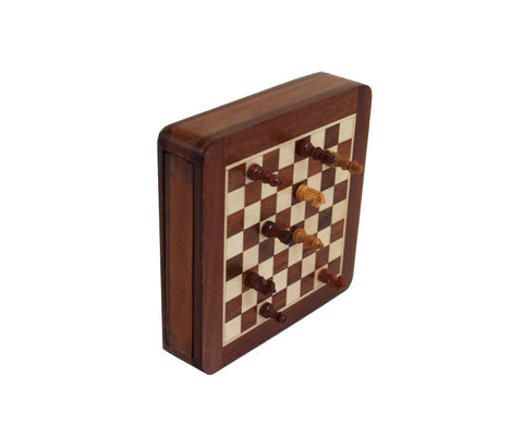Mini Magnetic Solid Wood Chess Set with Drawer Board Travel Made in Italy 13.5cm