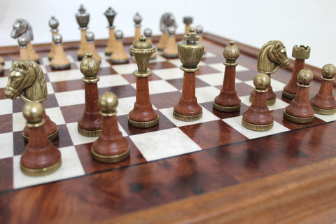 Handmade Wood & Metal Chess Set, Gold/Silver Pieces, Luxury Board, Italian Made