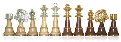 Oversized Brass & Wood Chess Pieces Set, Handcrafted, Gold/Silver Plated, Italy