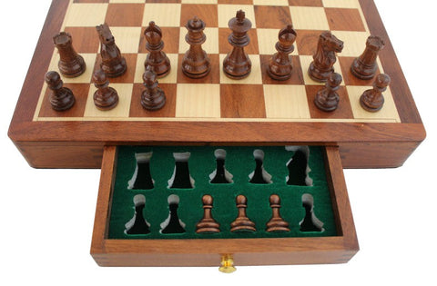 Italian Mahogany Chess Set, Wooden Board with Drawer, Handmade, Weighted