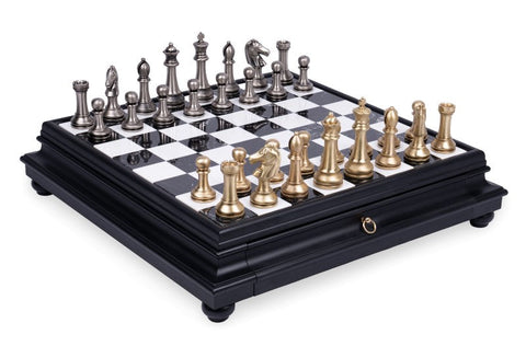Handmade Metal Chess Set, Marble Wood Board, Drawer, Gold & Silver, Italy